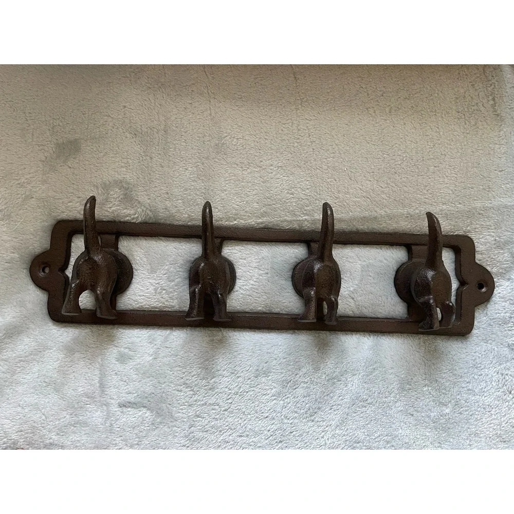Vintage Style Rustic Cast Iron Dog Tails Wall Hook Rack Cottagecore Leash Hanger
